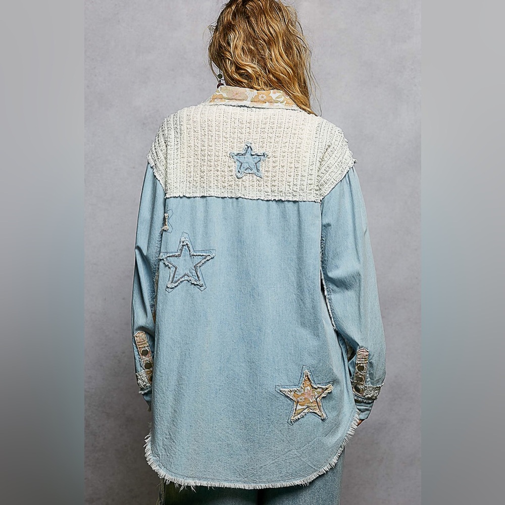 Pol Star Patchwork Stylish Light Shacket Blue Pri… - image 5